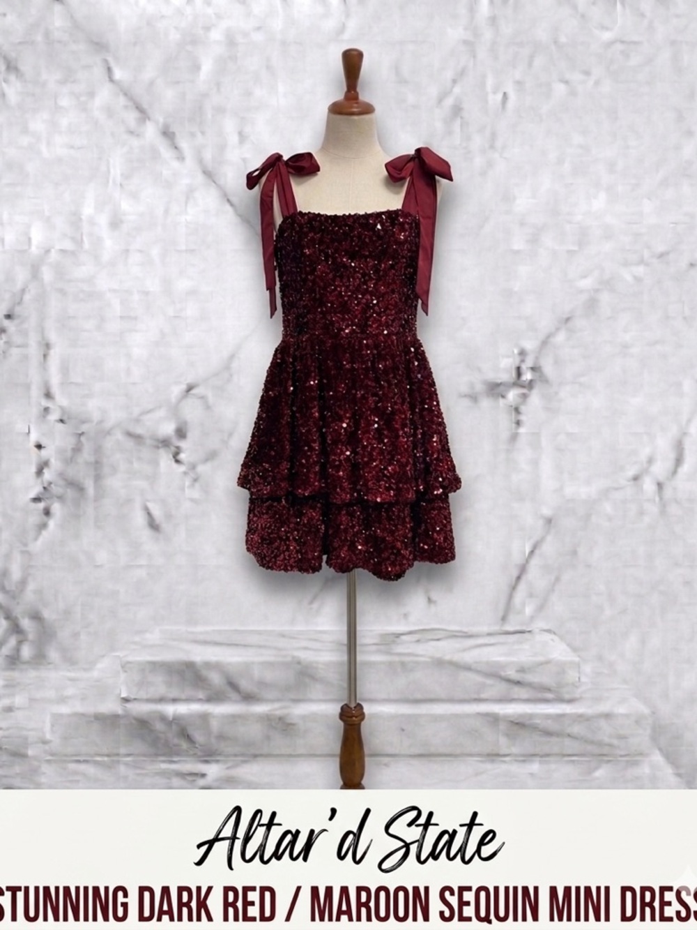 Altar'd State Maroon Sequin Tiered Mini Dress with Bow Straps Size XS Like New!
